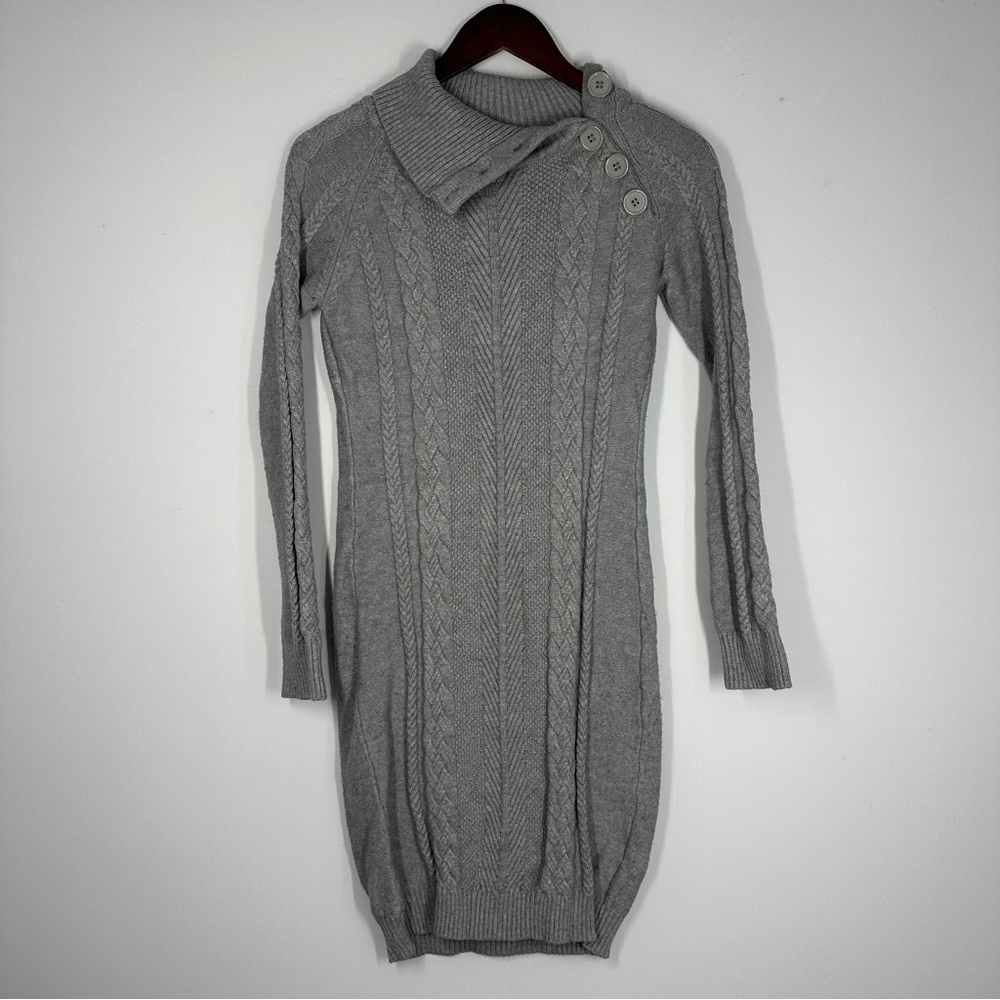 gray cable knit Fisherman sweater dress cowl neck Medium Bodycon Boho Fall Girl